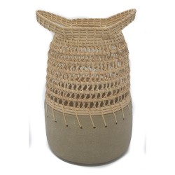 Vaso de Ceramica e Ratan Bege