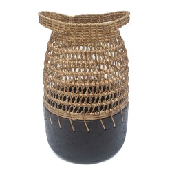 Vaso de Ceramica e Ratan Preto e Bege