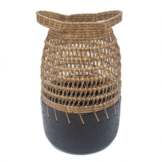 Vaso de Ceramica e Ratan Preto e Bege